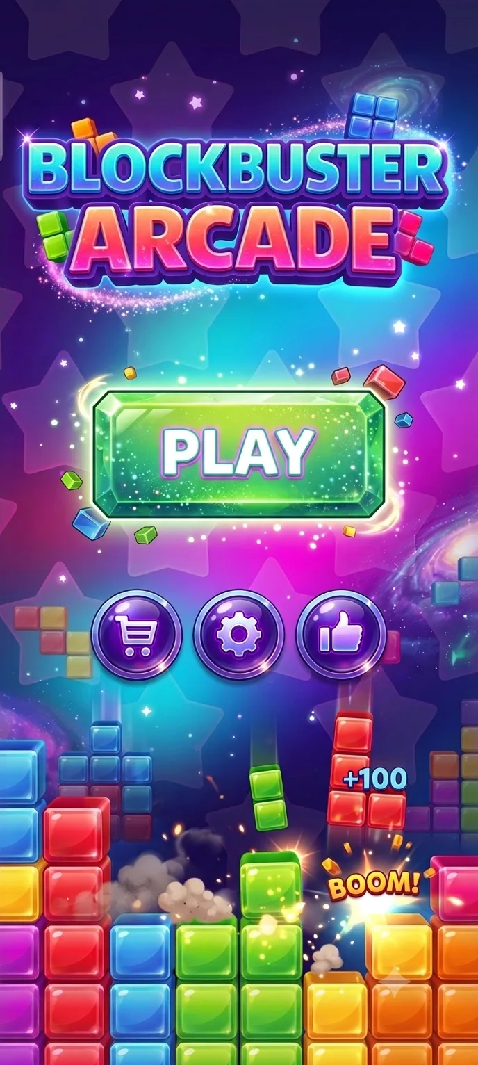 Blockbuster Arcade main menu with a colourful 8 by 8 block board