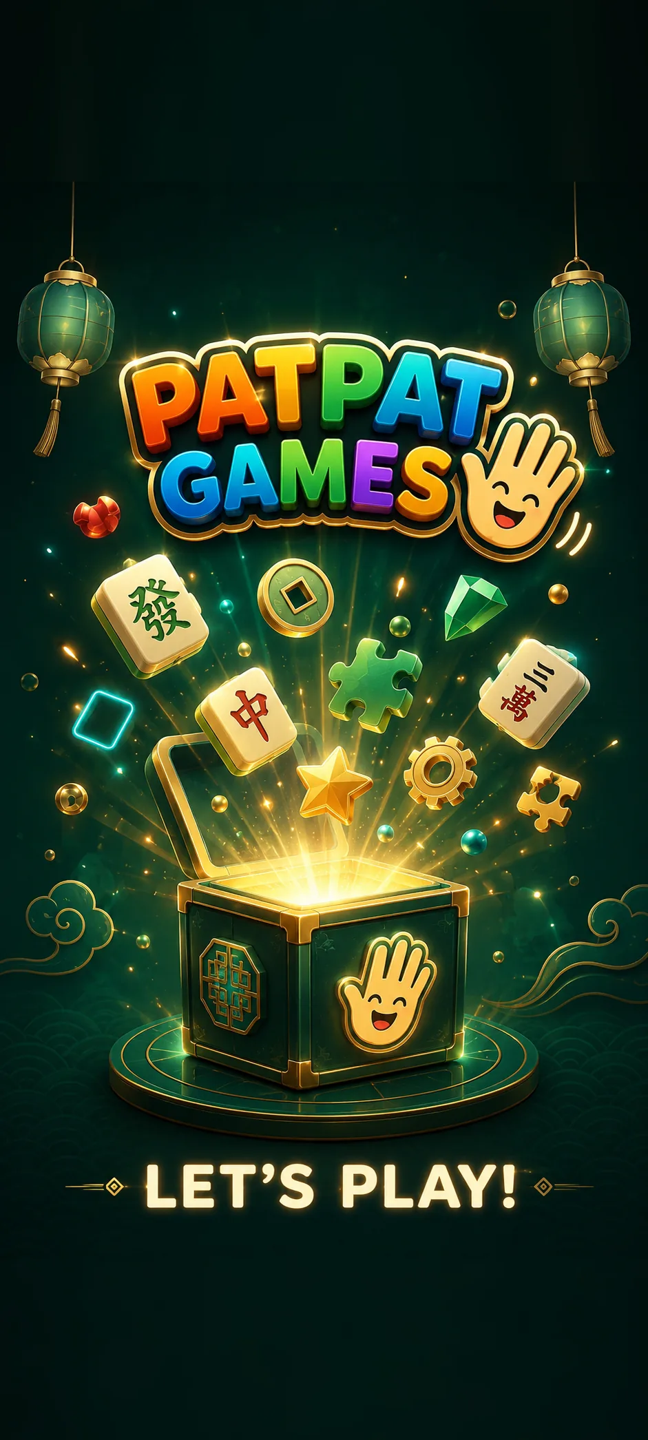 Mahjong Teahouse key art — jade and gold crate with mahjong tiles and lanterns