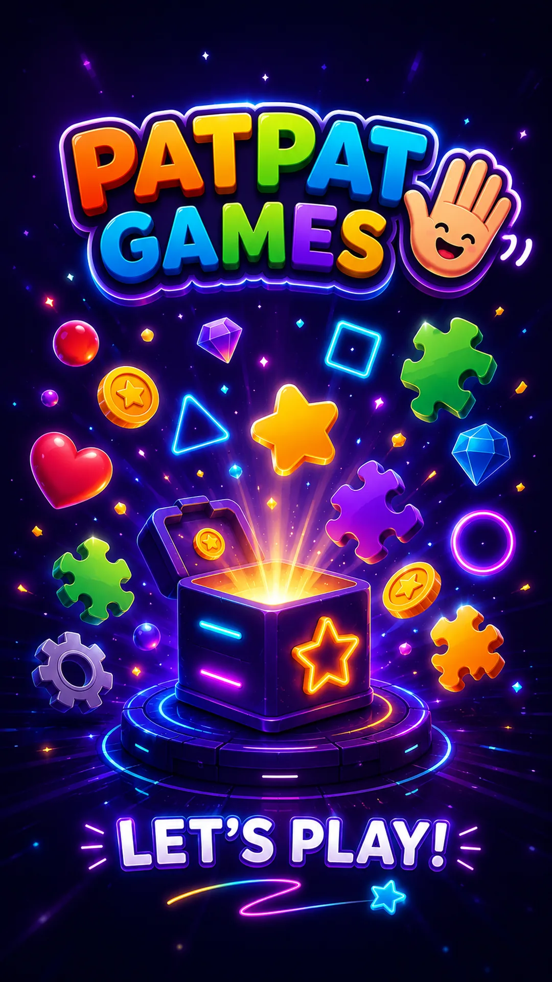 PatPat Games key art — a glowing arcade crate spilling puzzle pieces, gems and stars