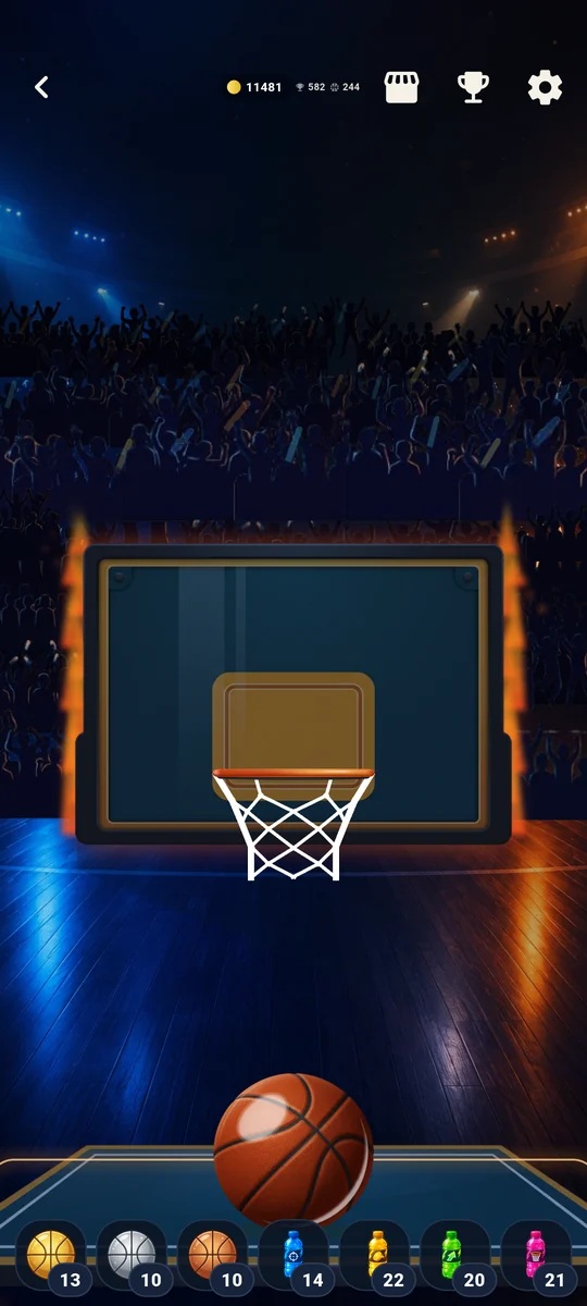 Basketball Duel: One Finger - a shot lined up under a lit hoop with the powerup dock along the bottom
