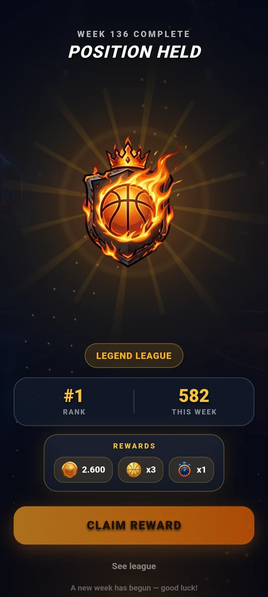 The end-of-week league ceremony showing the tier crest, final rank, weekly score and the reward