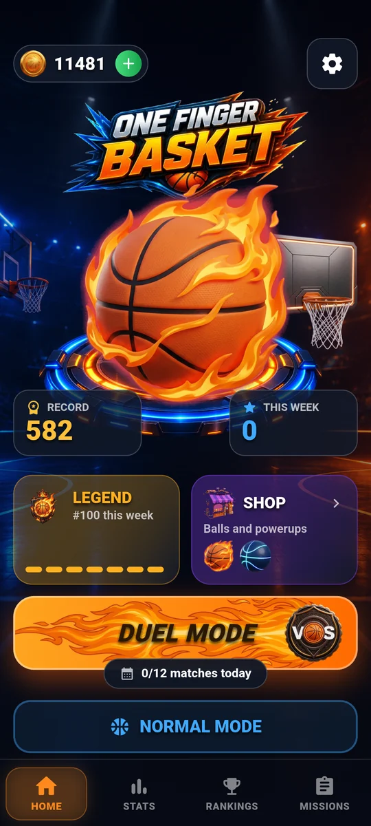 The game's home screen: the flaming ball, the player's record, their league standing and the duel button